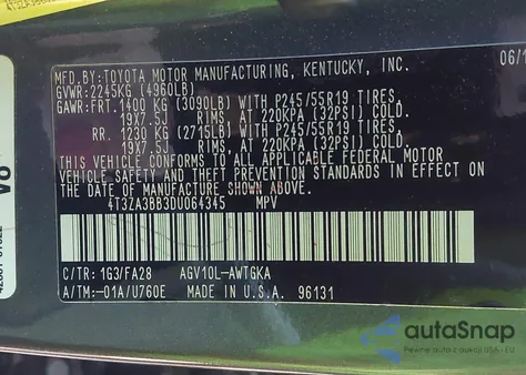 2013 Toyota Venza Le z USA, uszkodzony, nr VIN 4T3ZA3BB3DU064345